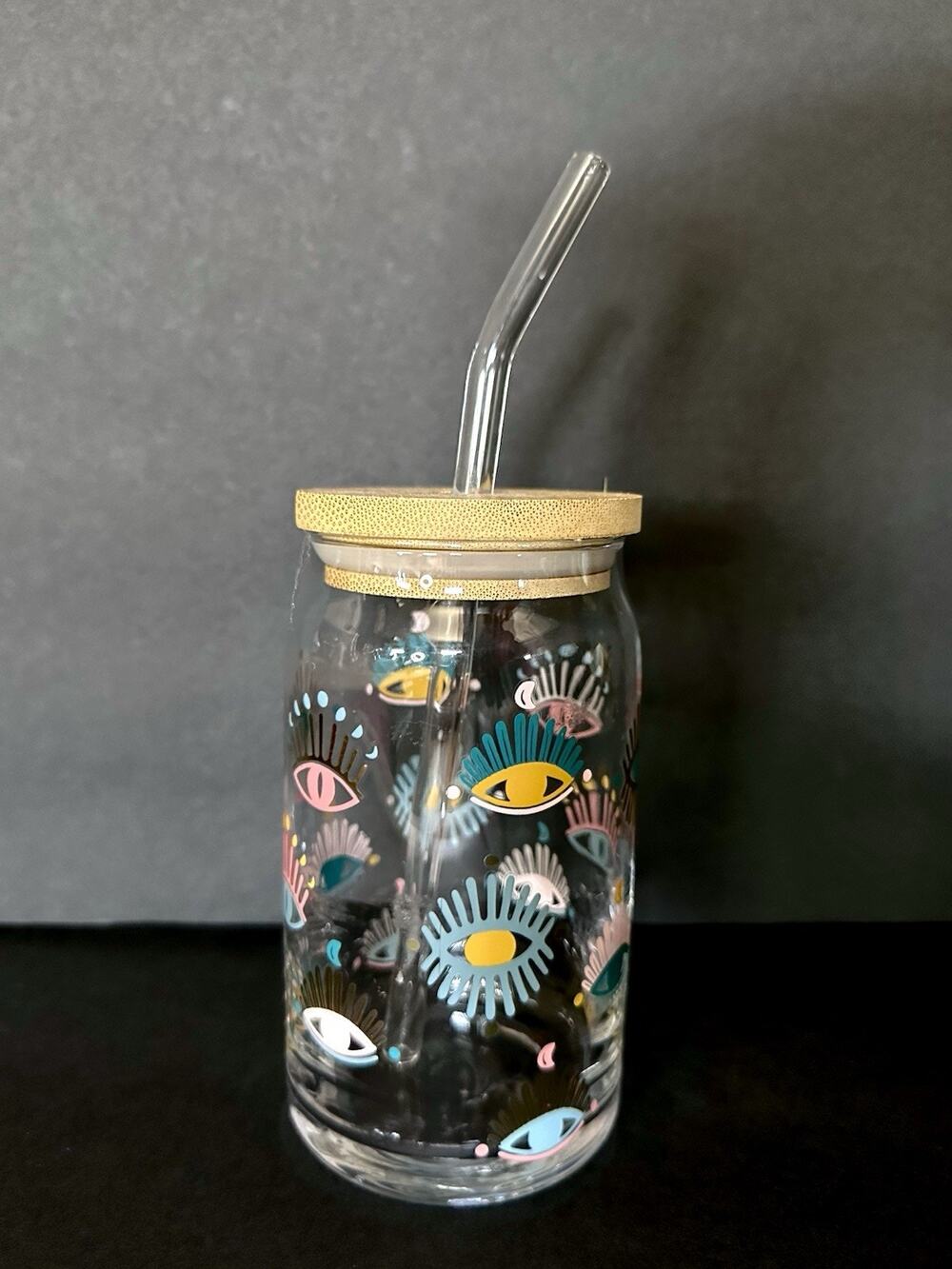 Wandering Moon Evil Eye Glass Iced Coffee Cup Turkish Eye Glass Straw 16oz Boho